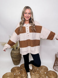 Fantastic Fawn Brown and Cream Striped Button Down Sweater Hi-Low Hem Fuzzy Soft and Stretchy Oversized Fit 100% Polyester