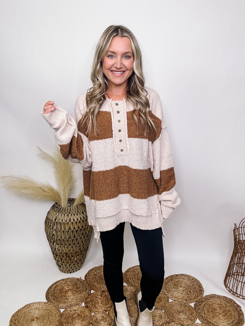 Fantastic Fawn Brown and Cream Striped Button Down Sweater Hi-Low Hem Fuzzy Soft and Stretchy Oversized Fit 100% Polyester