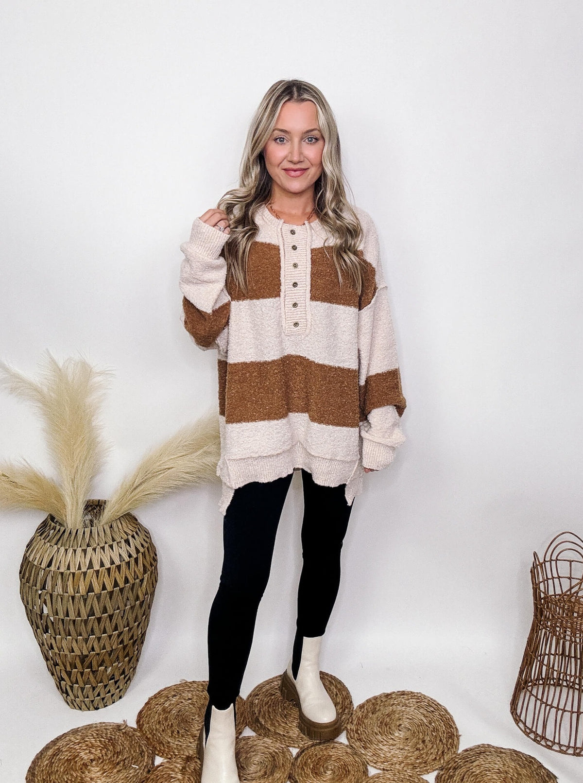 Brown and Cream Striped Button Down Oversized Sweater