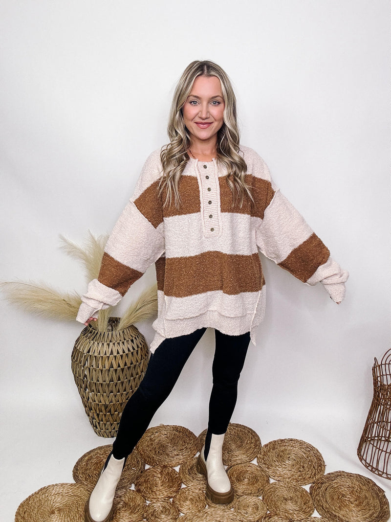 Fantastic Fawn Brown and Cream Striped Button Down Sweater Hi-Low Hem Fuzzy Soft and Stretchy Oversized Fit 100% Polyester