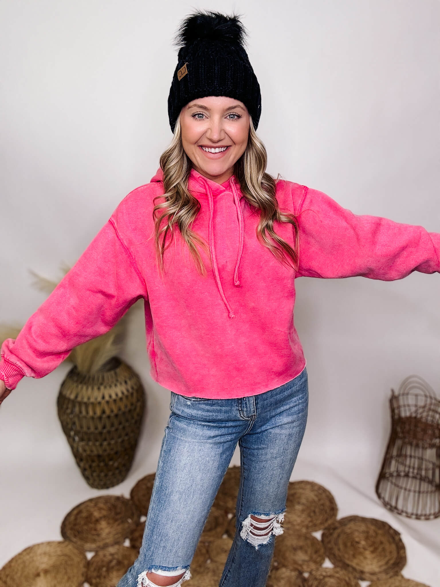 Fuchsia Hot Pink Acid Washed Fleece Lined Cropped Hoodie