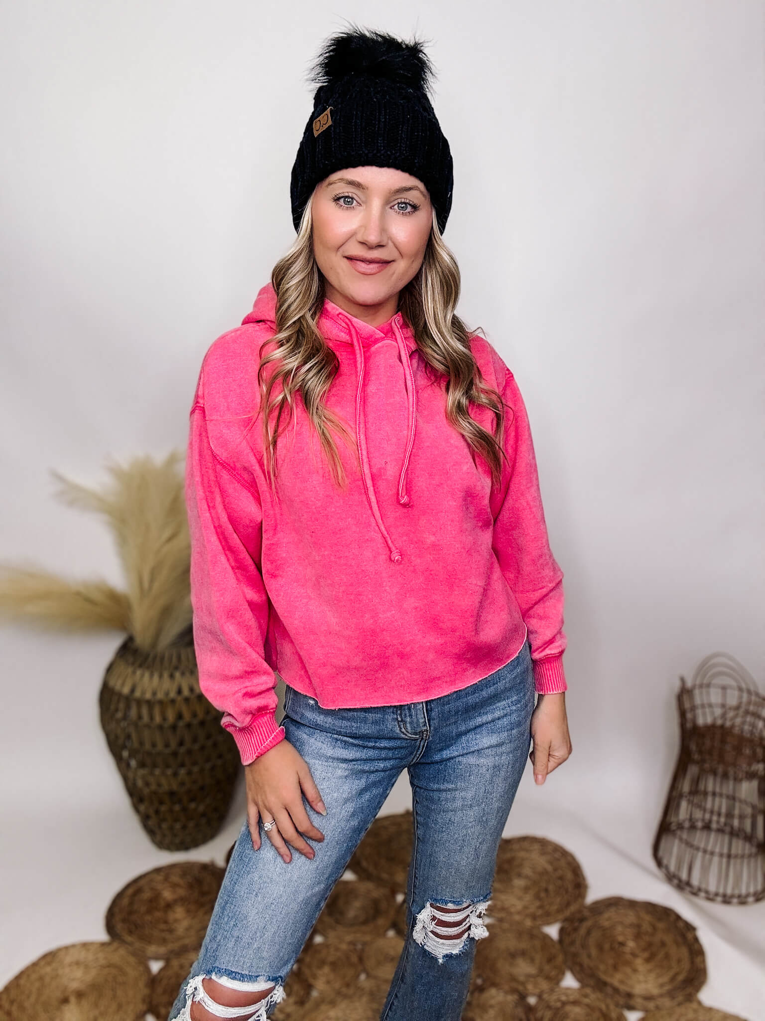 Women s Fuchsia Hot Pink Acid Washed Fleece Lined Cropped Hoodie