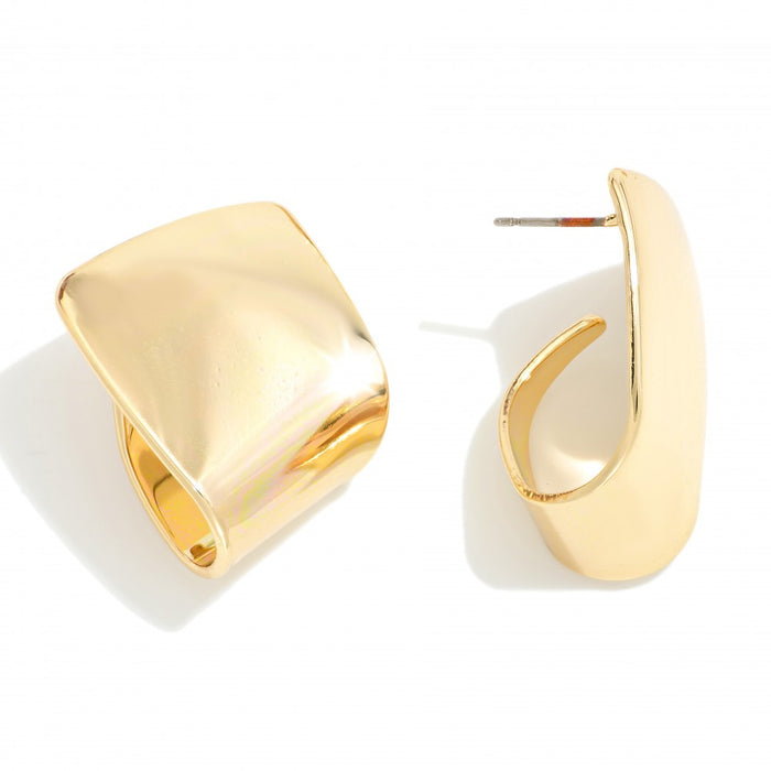 Gold metal curled cuff post drop earrings with a sleek, contemporary design, approximately 1" in length, perfect for adding a touch of luxury to any outfit.