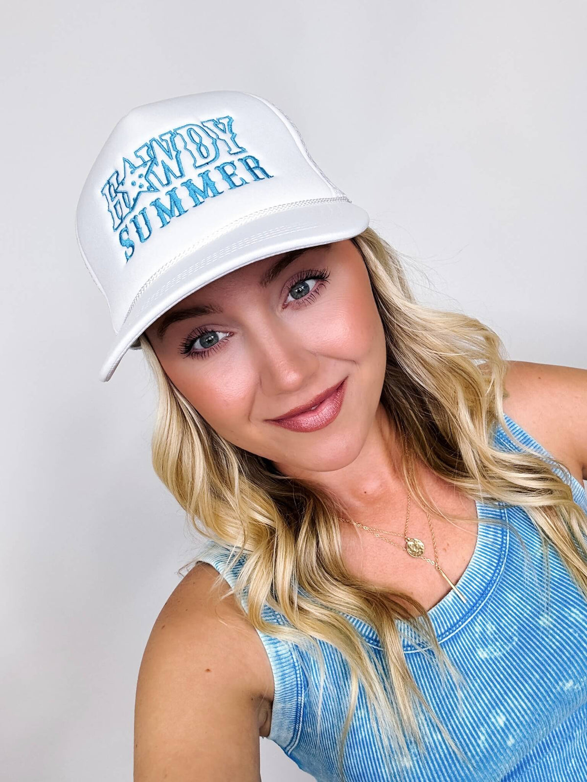 Howdy Summer White and Turquoise Mesh Trucker Hat