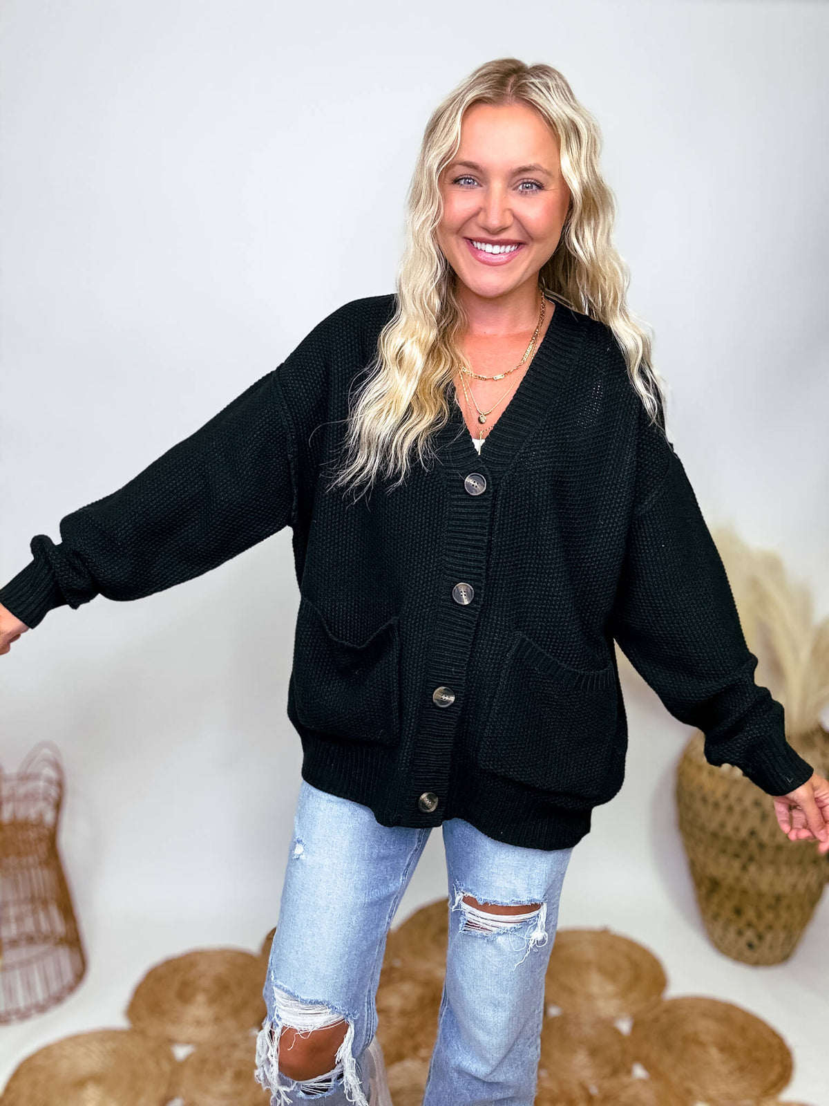 Hyfve Black Oversized Button Up Cardigan with Pockets