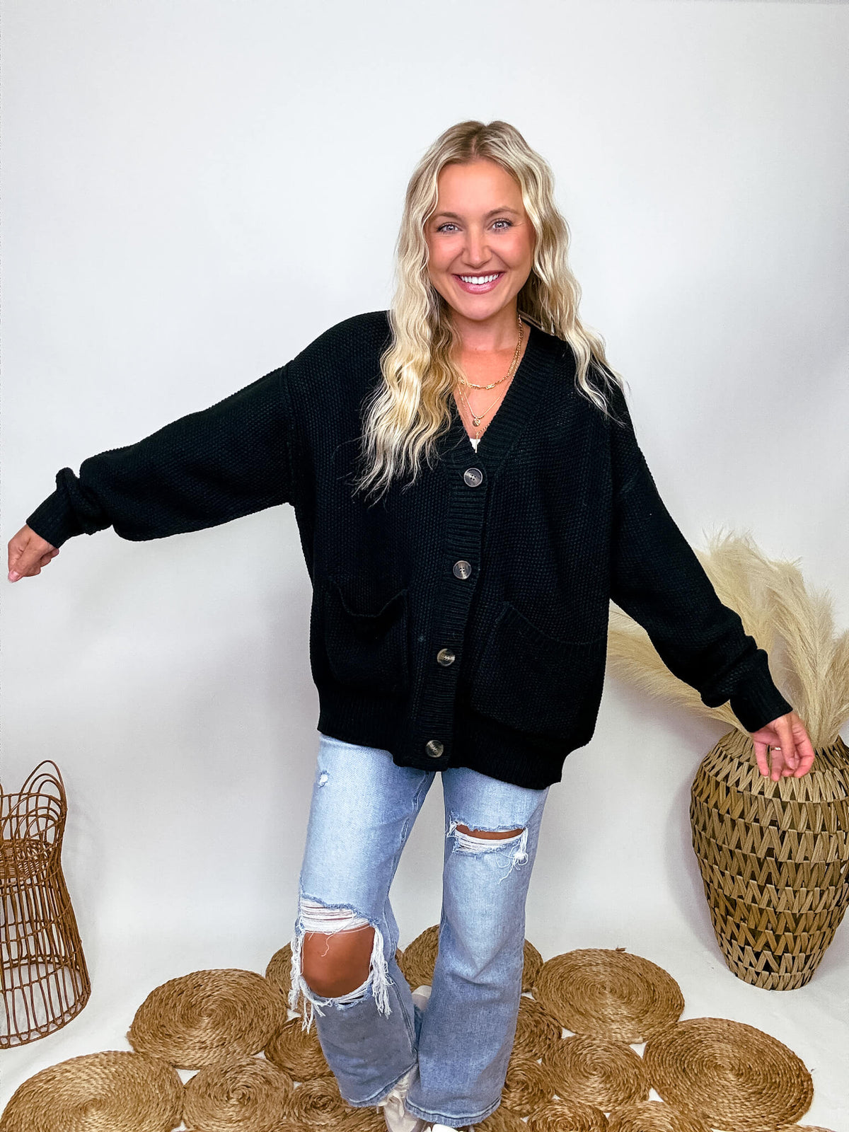 Hyfve Black Oversized Button Up Cardigan with Pockets