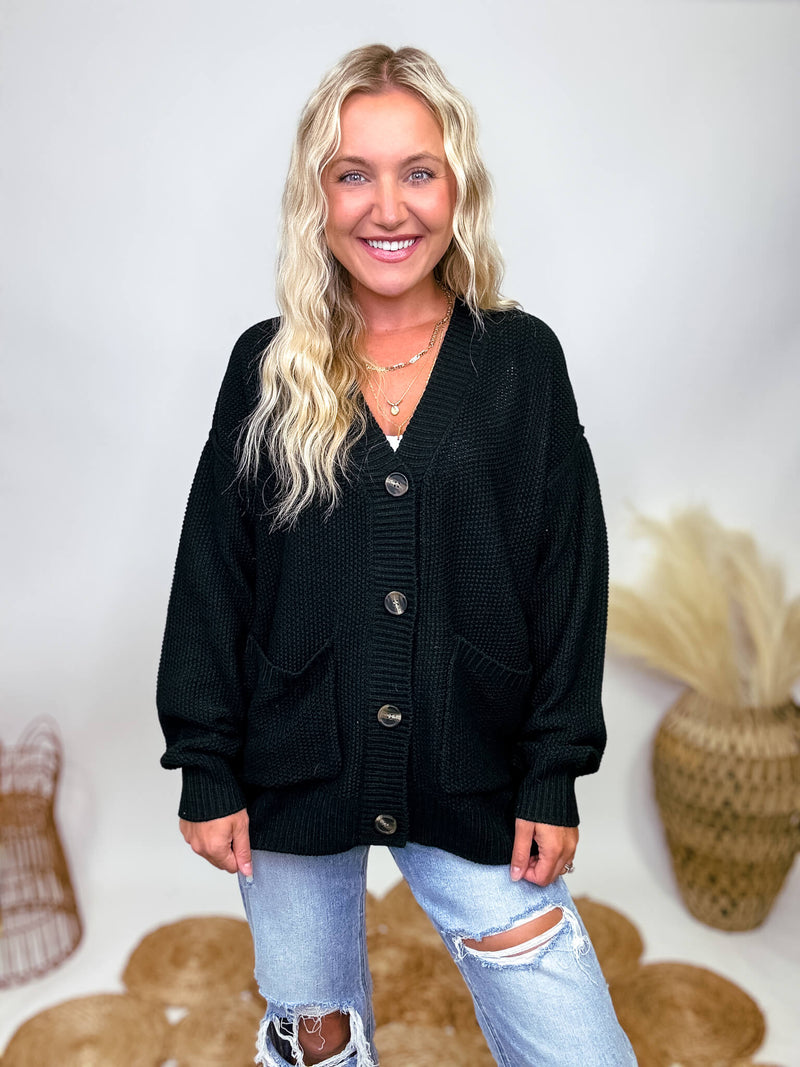 Hyfve Black Oversized Button Up Cardigan with Pockets