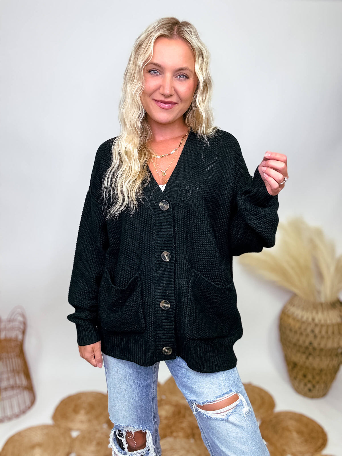 Hyfve Black Oversized Button Up Cardigan with Pockets