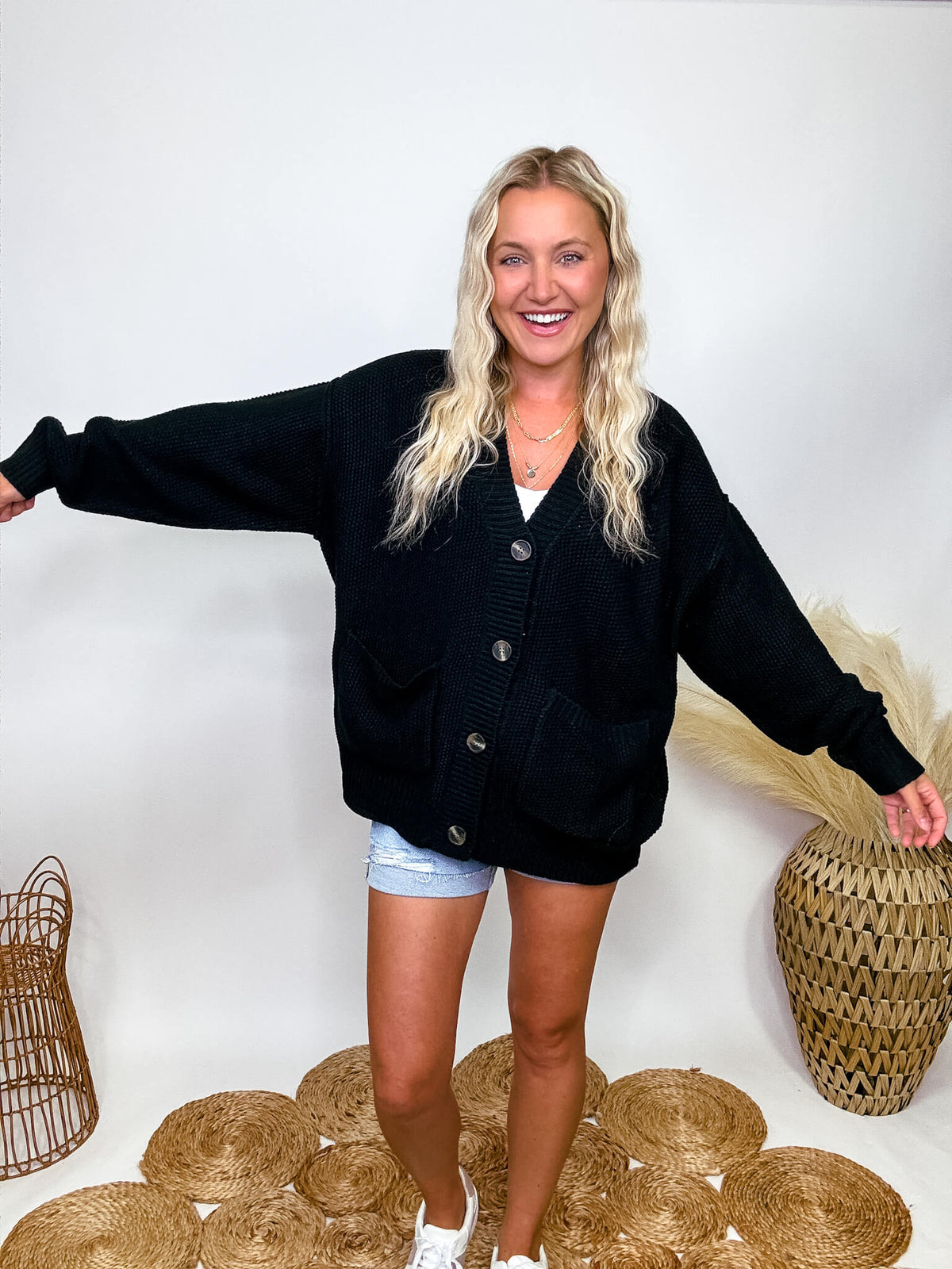 Hyfve Black Oversized Button Up Cardigan with Pockets