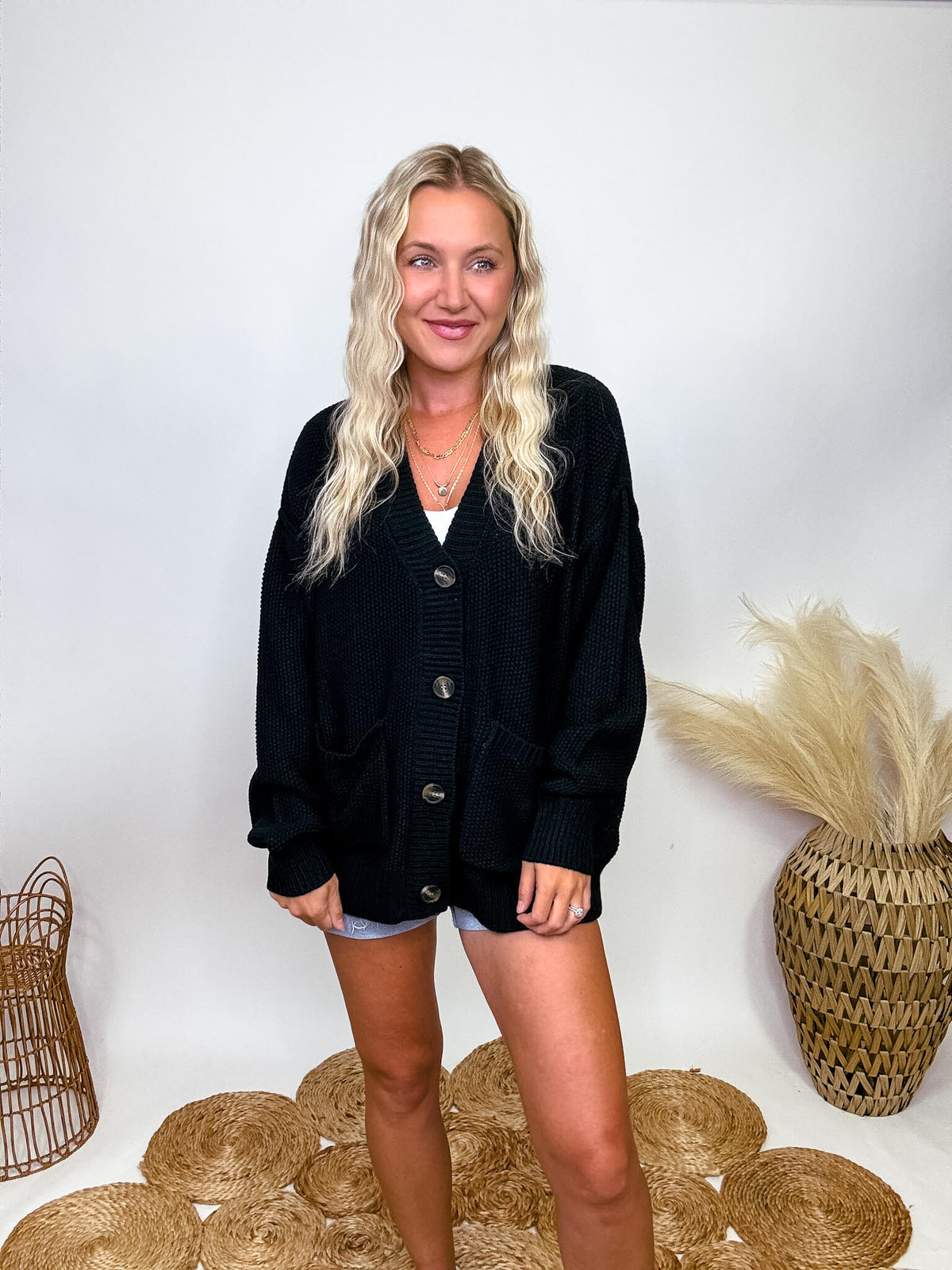 Hyfve Black Oversized Button Up Cardigan with Pockets