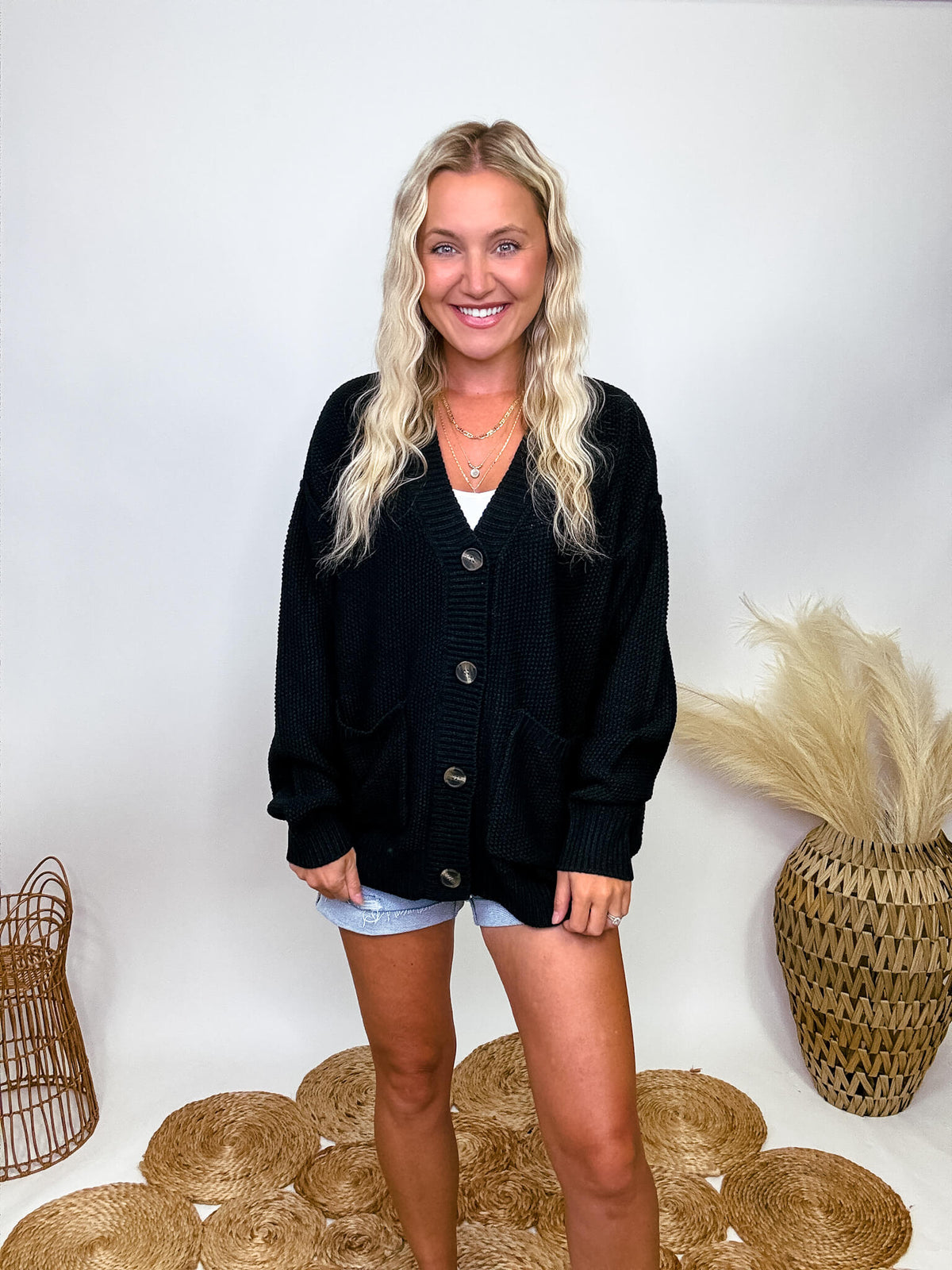 Hyfve Black Oversized Button Up Cardigan with Pockets