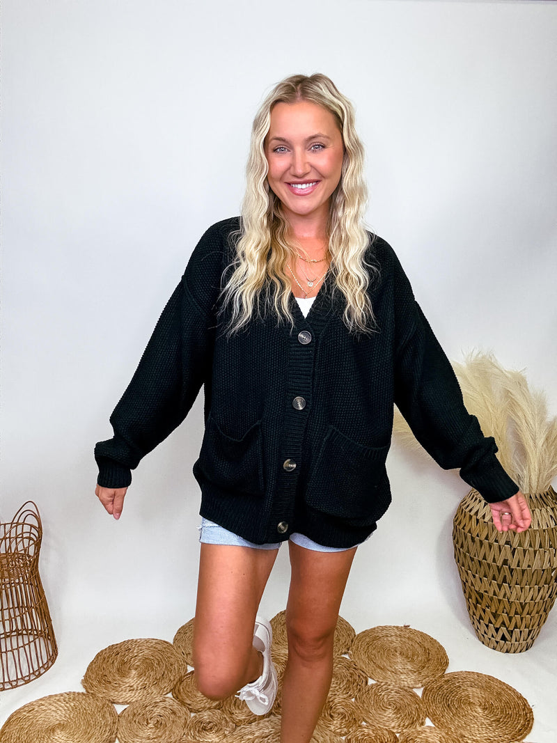 Hyfve Black Oversized Button Up Cardigan with Pockets