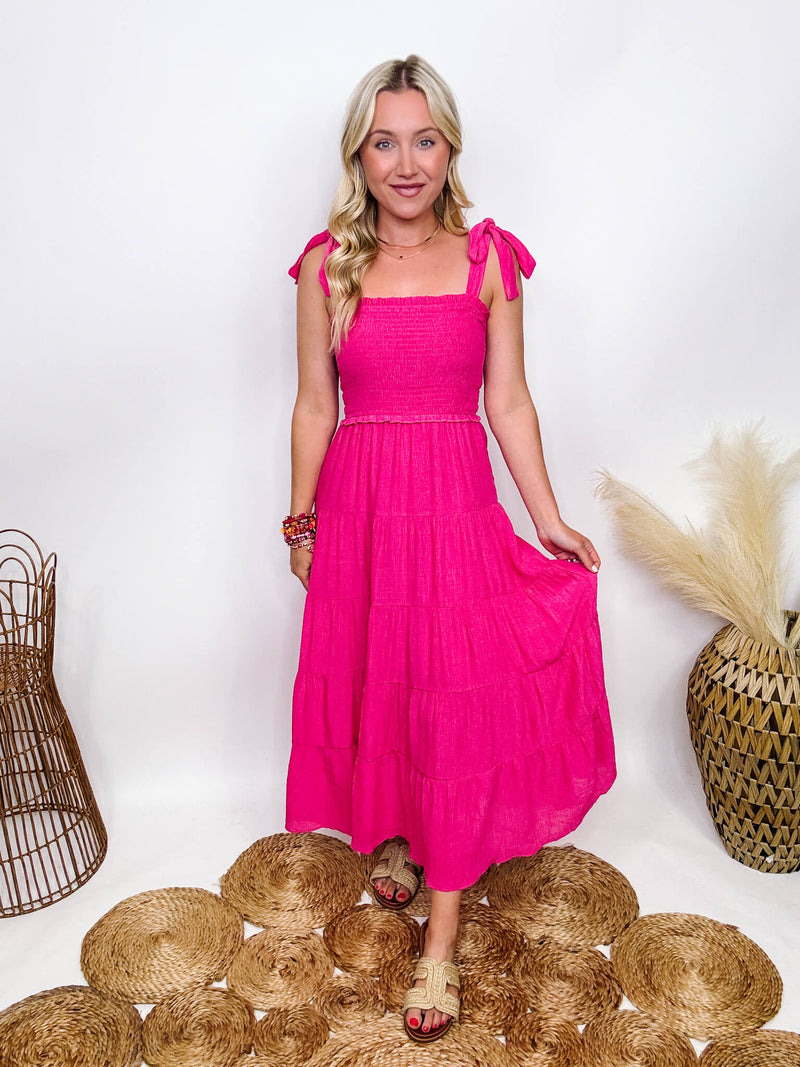 Hyfve Boho Hot Pink Fuchsia Tiered Maxi Dress with Bow Straps