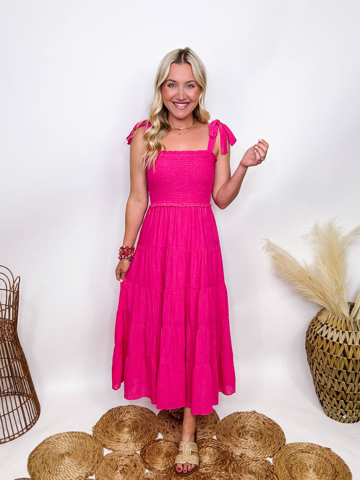 Hyfve Boho Hot Pink Fuchsia Tiered Maxi Dress with Bow Straps