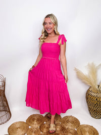 Hyfve Boho Hot Pink Fuchsia Tiered Maxi Dress with Bow Straps