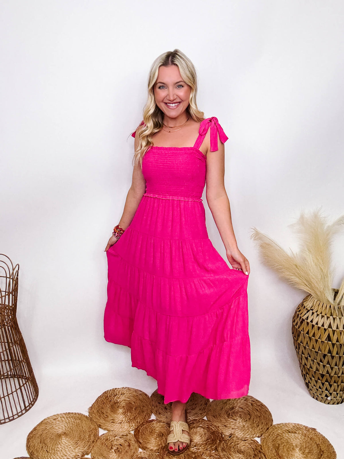 Hyfve Boho Hot Pink Fuchsia Tiered Maxi Dress with Bow Straps