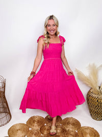 Hyfve Boho Hot Pink Fuchsia Tiered Maxi Dress with Bow Straps