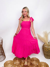 Hyfve Boho Hot Pink Fuchsia Tiered Maxi Dress with Bow Straps