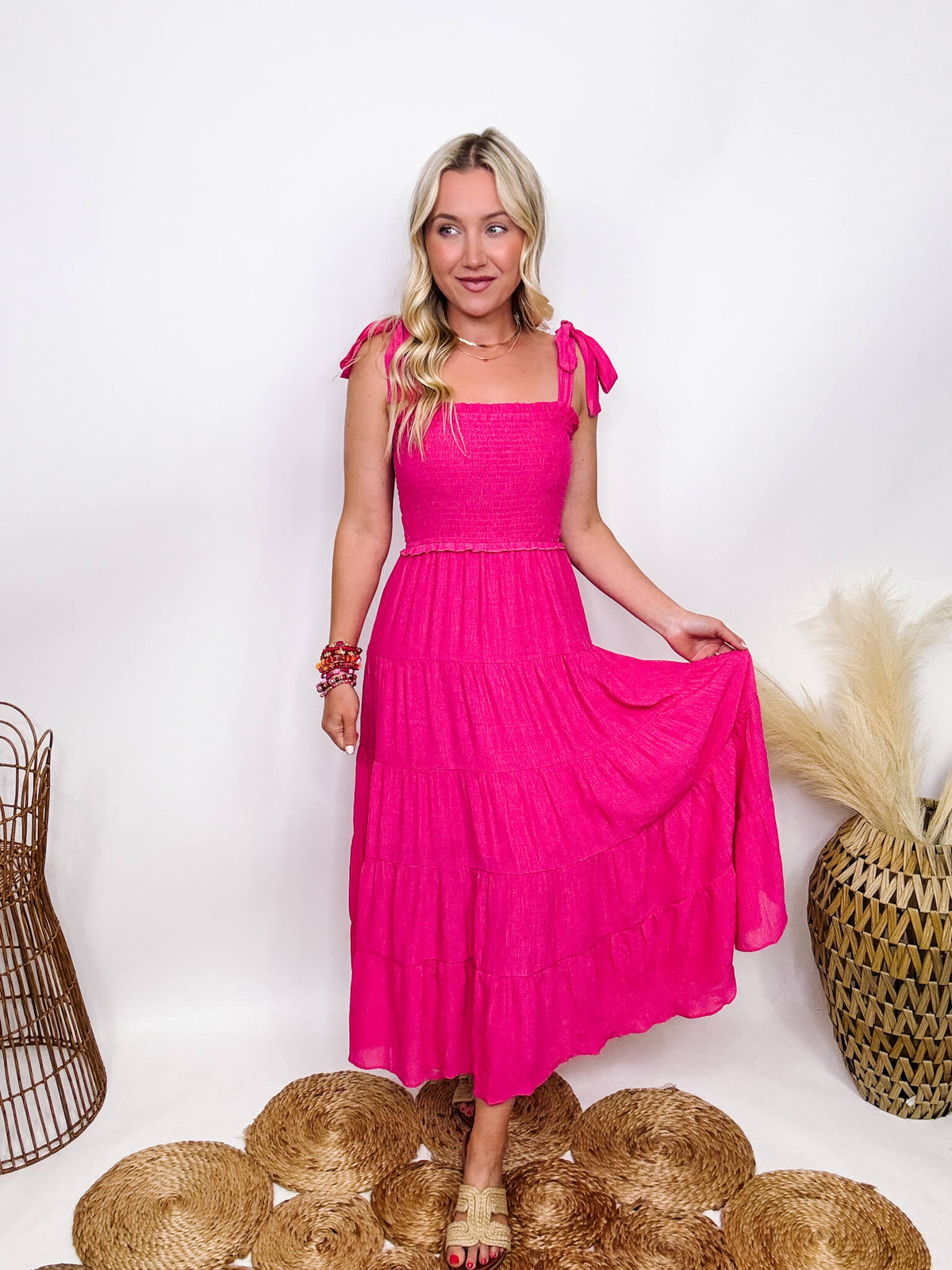 Hyfve Boho Hot Pink Fuchsia Tiered Maxi Dress with Bow Straps