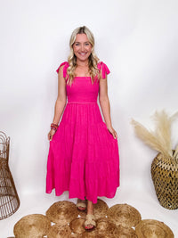 Hyfve Boho Hot Pink Fuchsia Tiered Maxi Dress with Bow Straps