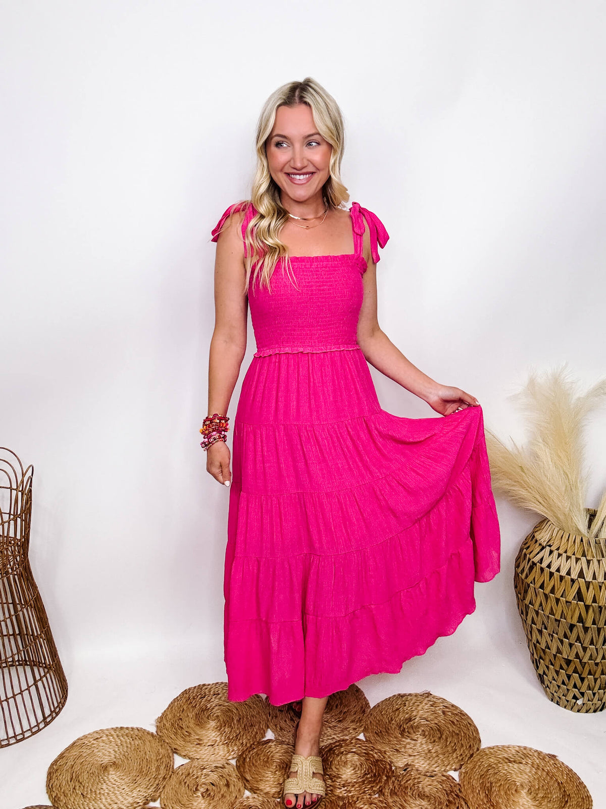 Hyfve Boho Hot Pink Fuchsia Tiered Maxi Dress with Bow Straps