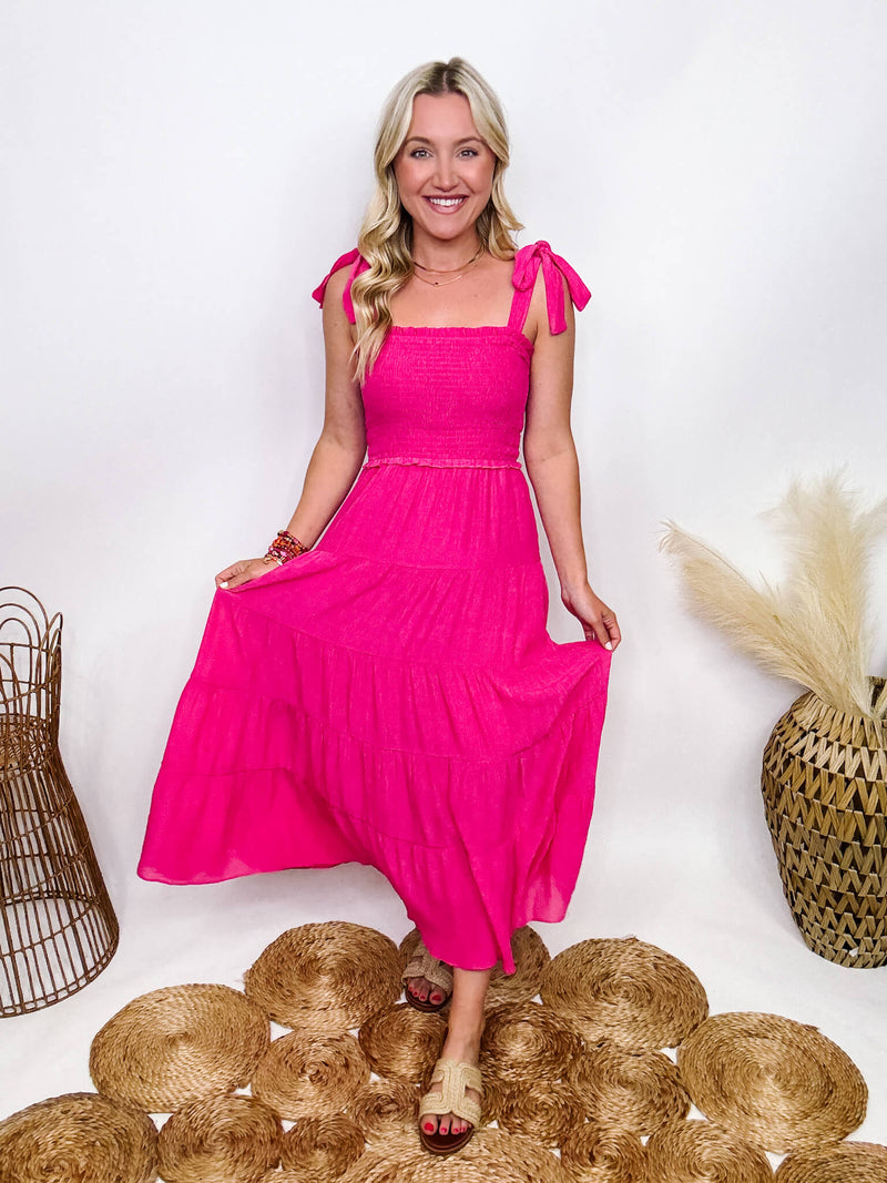 Hyfve Boho Hot Pink Fuchsia Tiered Maxi Dress with Bow Straps