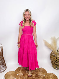 Hyfve Boho Hot Pink Fuchsia Tiered Maxi Dress with Bow Straps