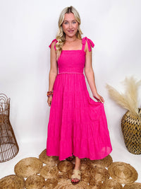 Hyfve Boho Hot Pink Fuchsia Tiered Maxi Dress with Bow Straps