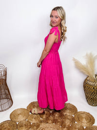 Hyfve Boho Hot Pink Fuchsia Tiered Maxi Dress with Bow Straps