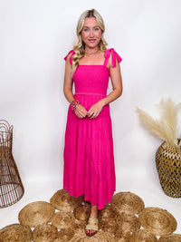 Hyfve Boho Hot Pink Fuchsia Tiered Maxi Dress with Bow Straps