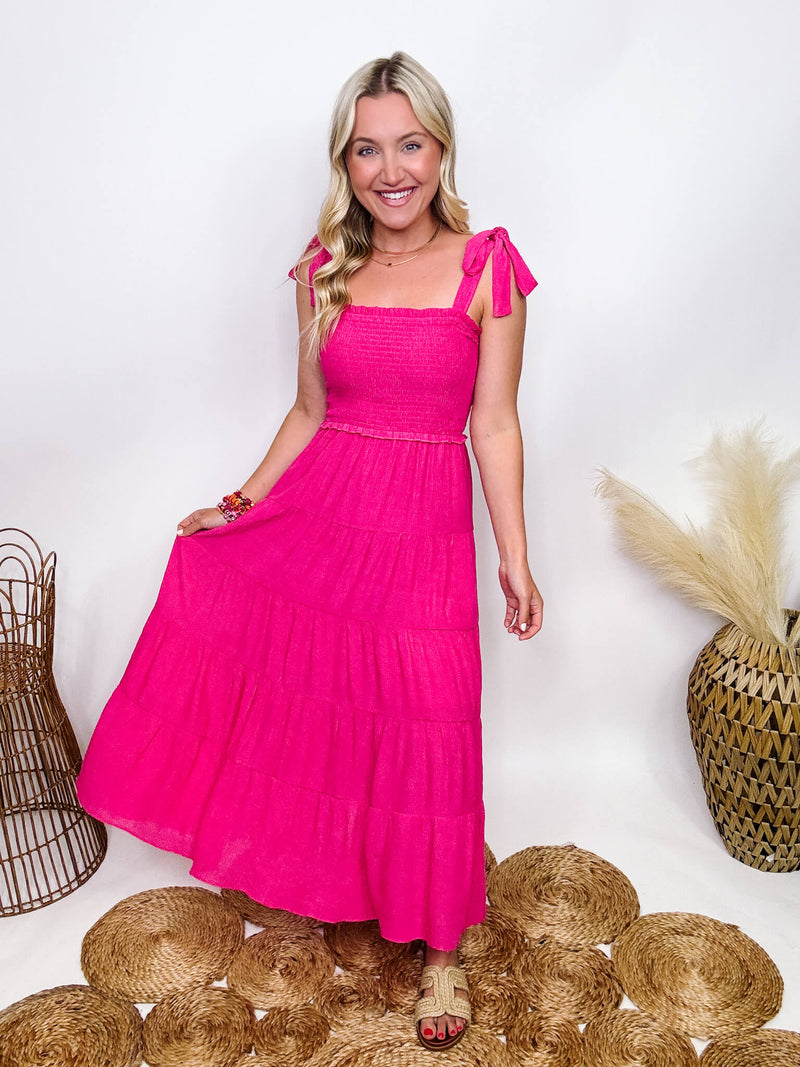 Hyfve Boho Hot Pink Fuchsia Tiered Maxi Dress with Bow Straps