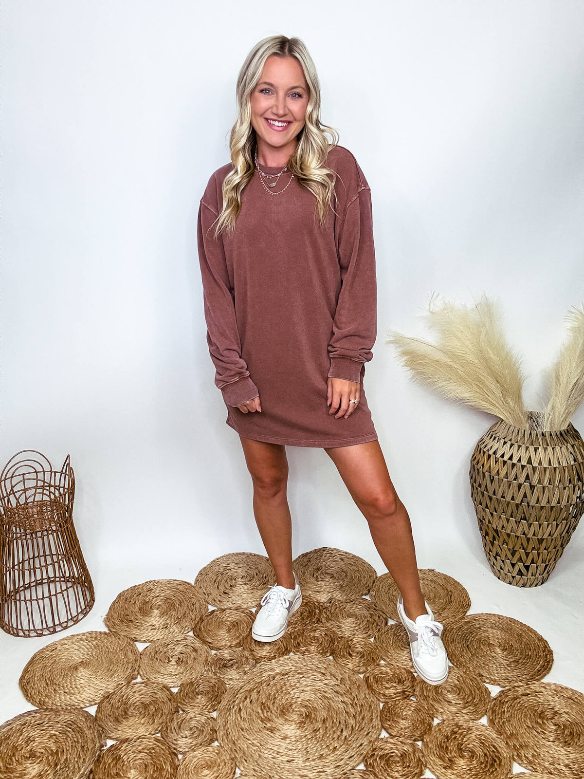 Hyfve Oversized Sweatshirt Dress with Pockets in Washed Chestnut Styled with Alta Sneakers