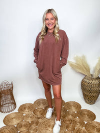 Hyfve Oversized Sweatshirt Dress with Pockets in Washed Chestnut Styled with Alta Sneakers