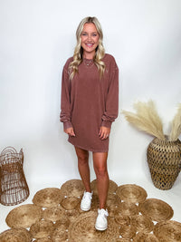 Hyfve Oversized Sweatshirt Dress with Pockets in Washed Chestnut Styled with Alta Sneakers