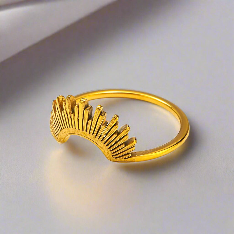 Boho half-sun 18k gold plated stainless steel ring in size 7, featuring a radiant, unique design. Made from durable stainless steel for everyday wear. Ideal for adding a bohemian flair to your style.