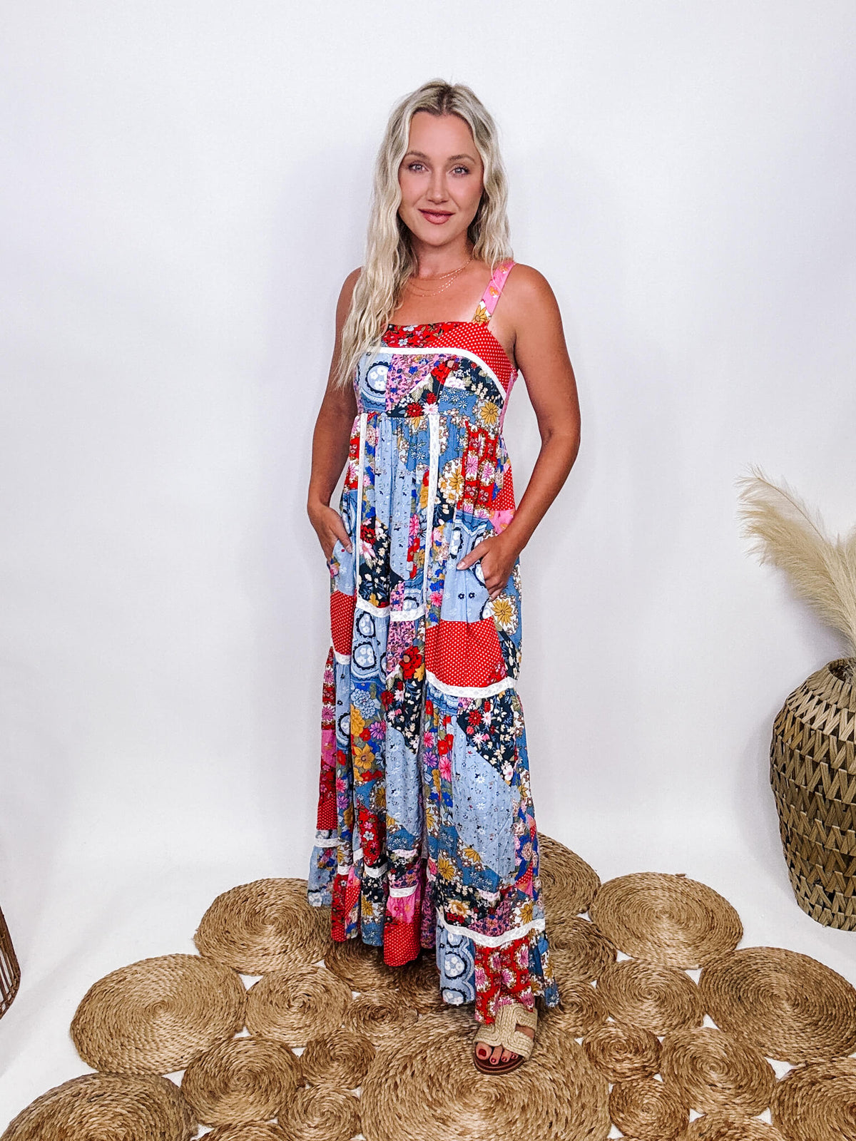 In Loom Boho Floral Patchwork Maxi Dress  Stretchy Smocked Back Lace Inset Side Pockets Adjustable Straps  Lined Flowy Relaxed Fit True to Size