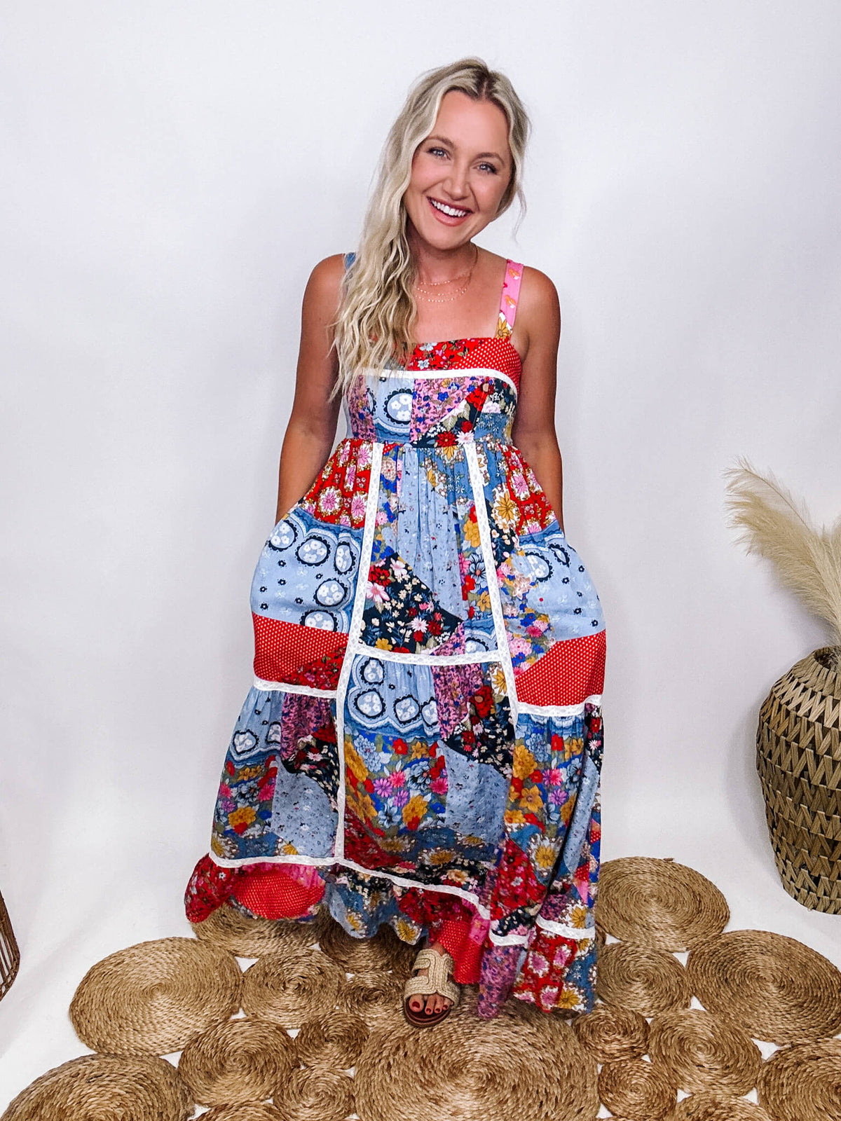 In Loom Boho Floral Patchwork Maxi Dress  Stretchy Smocked Back Lace Inset Side Pockets Adjustable Straps  Lined Flowy Relaxed Fit True to Size