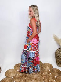 In Loom Boho Floral Patchwork Maxi Dress  Stretchy Smocked Back Lace Inset Side Pockets Adjustable Straps  Lined Flowy Relaxed Fit True to Size