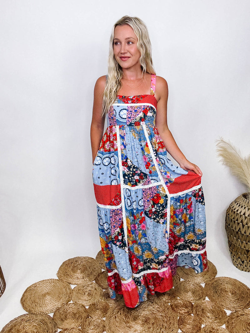 In Loom Boho Floral Patchwork Maxi Dress  Stretchy Smocked Back Lace Inset Side Pockets Adjustable Straps  Lined Flowy Relaxed Fit True to Size