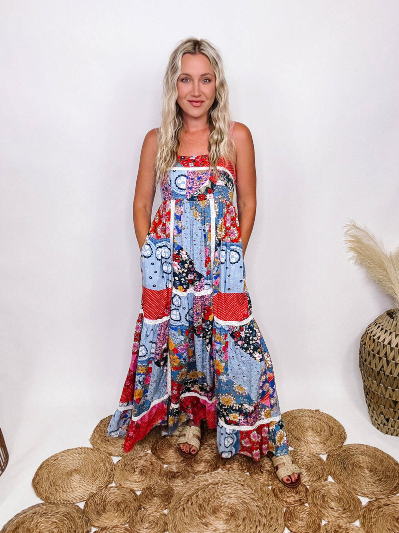 In Loom Boho Floral Patchwork Maxi Dress  Stretchy Smocked Back Lace Inset Side Pockets Adjustable Straps  Lined Flowy Relaxed Fit True to Size