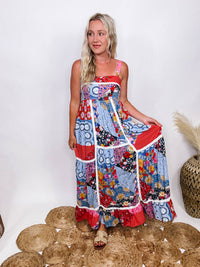 In Loom Boho Floral Patchwork Maxi Dress  Stretchy Smocked Back Lace Inset Side Pockets Adjustable Straps  Lined Flowy Relaxed Fit True to Size