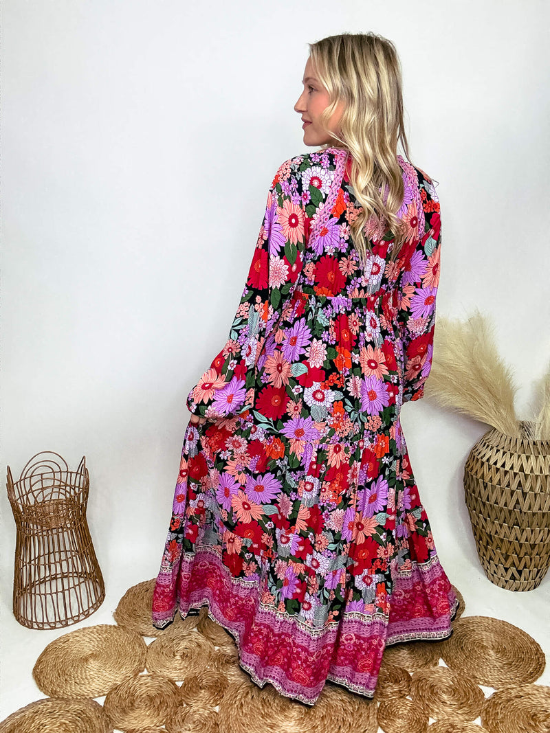 In Loom Fall Long Sleeve Boho Floral Print Maxi Dress with Slit styled with White Booties 