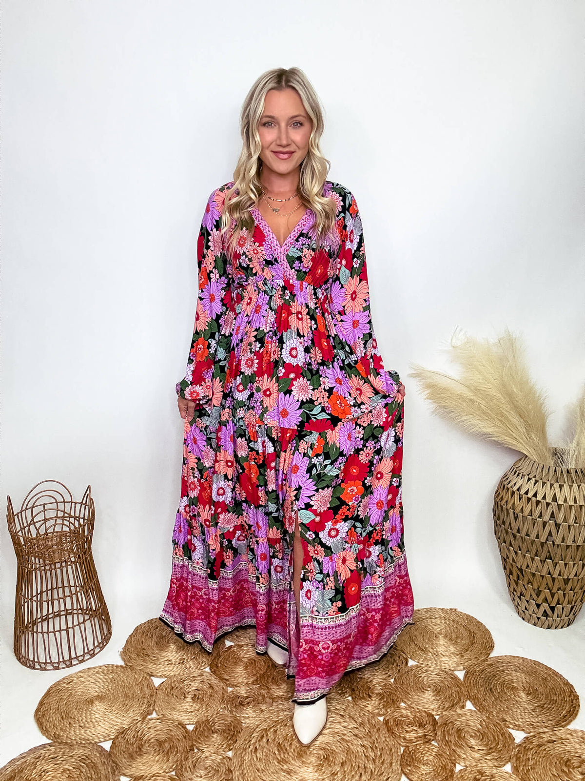 In Loom Fall Long Sleeve Boho Floral Print Maxi Dress with Slit styled with White Booties 