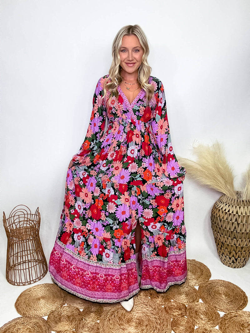 In Loom Fall Long Sleeve Boho Floral Print Maxi Dress with Slit styled with White Booties 