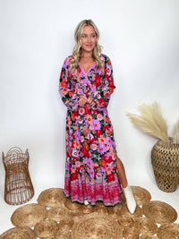 In Loom Fall Long Sleeve Boho Floral Print Maxi Dress with Slit styled with White Booties 