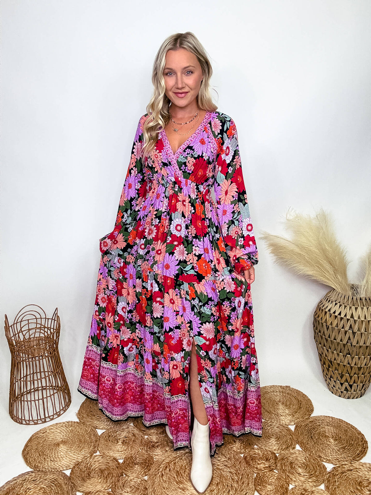 In Loom Fall Long Sleeve Boho Floral Print Maxi Dress with Slit styled with White Booties 