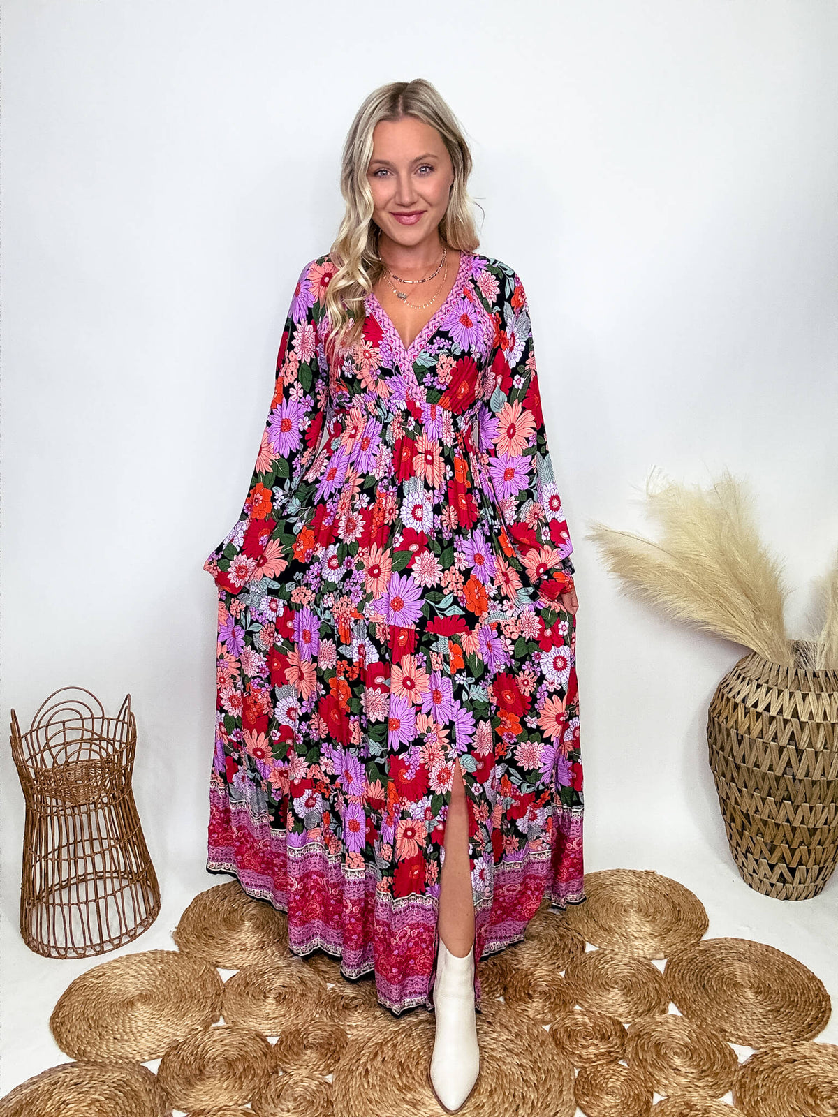 In Loom Fall Long Sleeve Boho Floral Print Maxi Dress with Slit styled with White Booties 