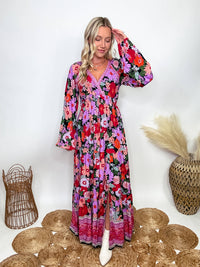 In Loom Fall Long Sleeve Boho Floral Print Maxi Dress with Slit styled with White Booties 