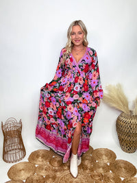 In Loom Fall Long Sleeve Boho Floral Print Maxi Dress with Slit styled with White Booties 