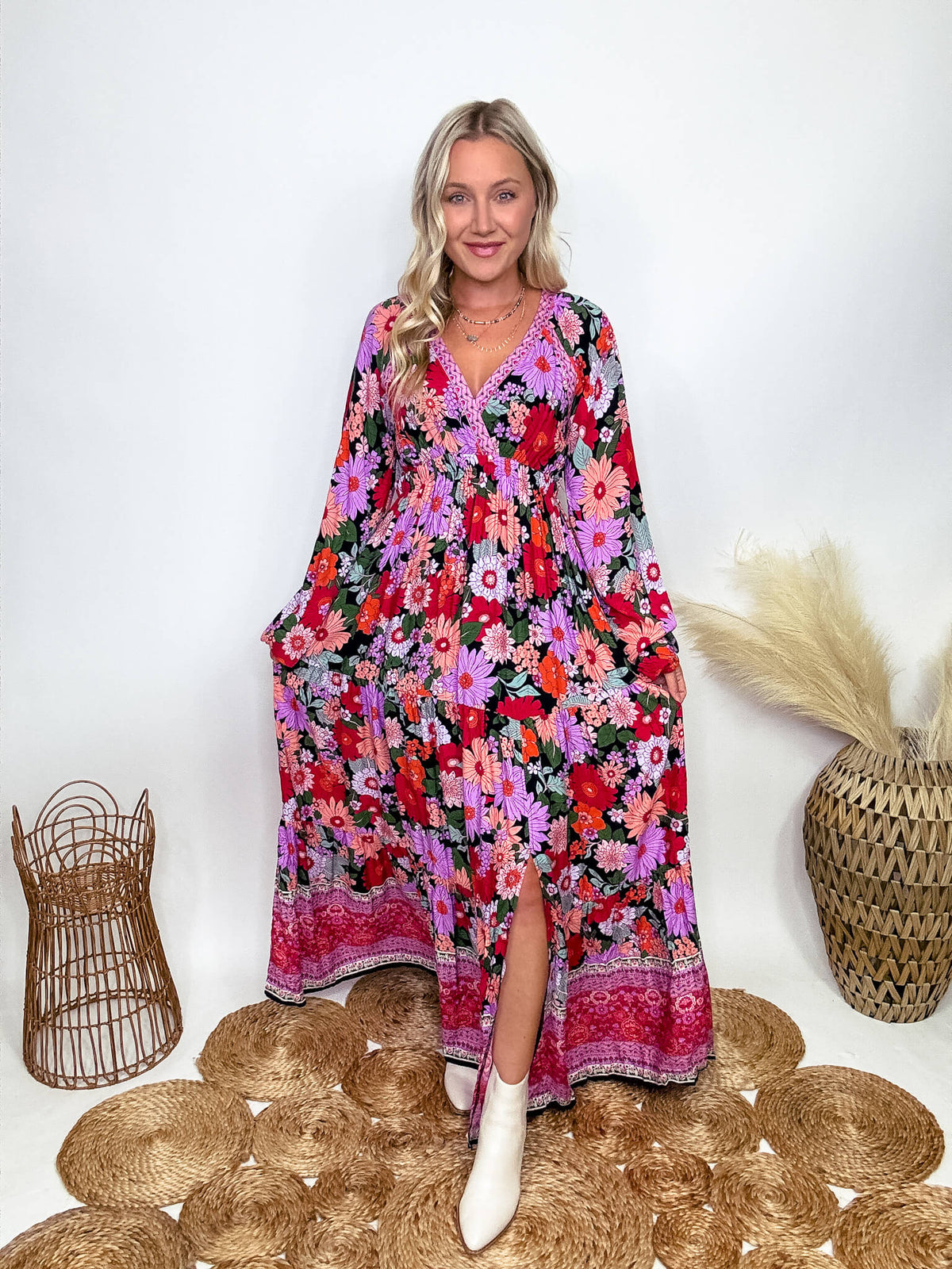 In Loom Fall Long Sleeve Boho Floral Print Maxi Dress with Slit styled with White Booties 